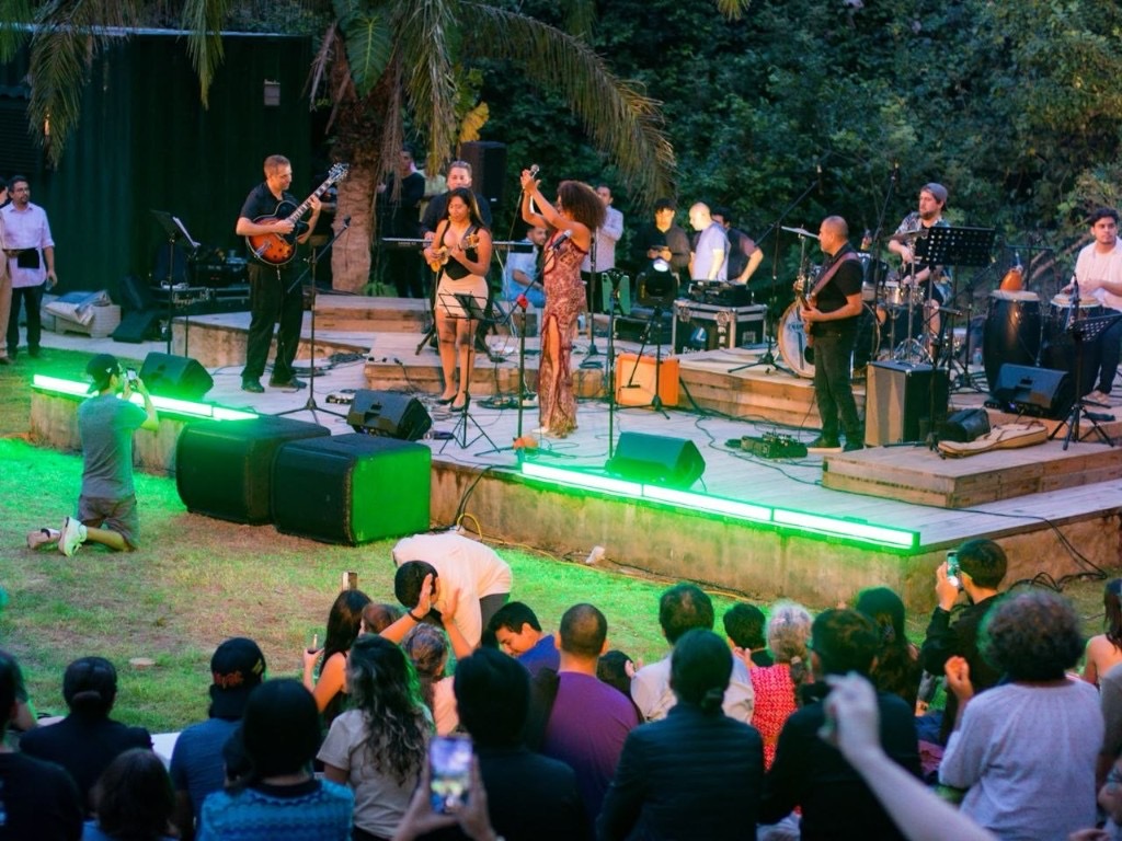 Marianela Rosabal en presentación nocturna al aire libre con iluminación verde